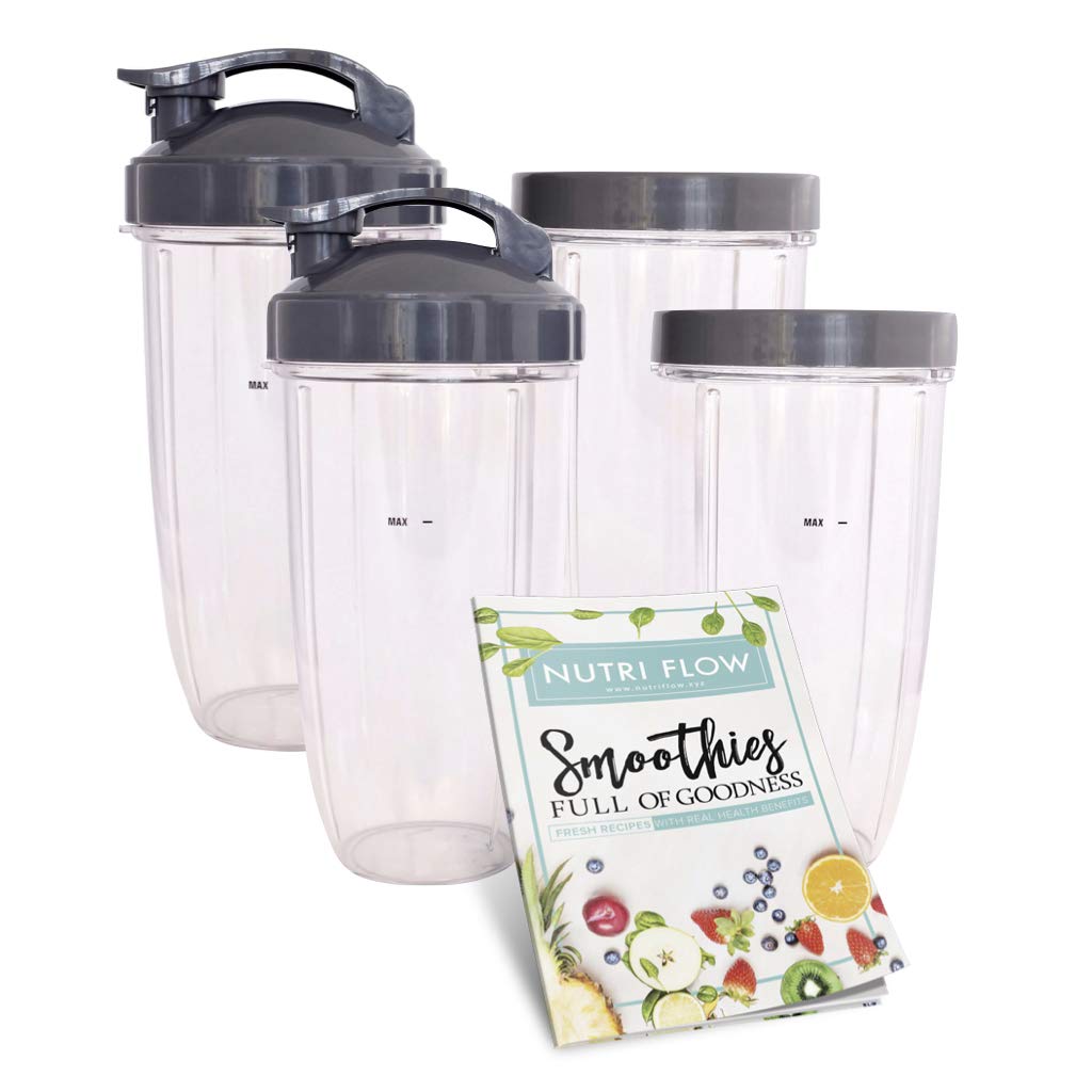 FOUR (4) Cups for NUTRIBULLET 32 oz. Tall with Flip Top & Lip Ring
