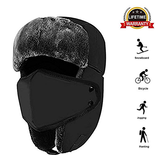 Unisex Winter Trooper Trapper Hat - Windproof Waterproof Warm hat with Adjustable chin strap & Removable face mask for All Sports Outdoors Snowboard, Outdoor Cycling Snow Shoveling (Black)