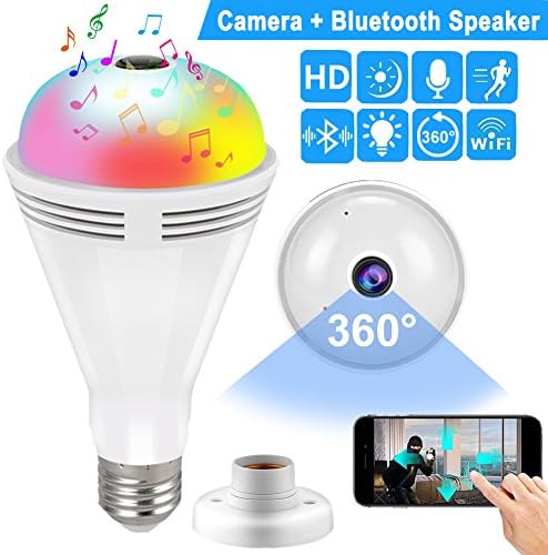 Qiwoo Bulb IP Camera Bluetooth Speaker 360 VR Panoramic Wireless WiFi Spy Hidden Camera with Night Vision Motion Detection Baby Pet Monitor Home Security Outdoor Surveillance Cam for iPhone Android