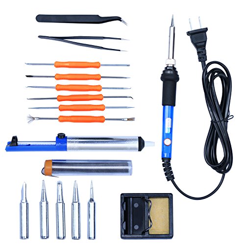 Exxacttorch 17-in-1 60W 110V Electric Soldering Iron Kit with Adjustable Temperature and Working LED Indicator Heat Dissipation Hole,5pcs Different Tips, Stand, Solder wires and 6pcs Aid Tools