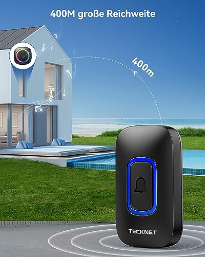 TECKNET Wireless Doorbell with Batteries, RGB Wireless Doorbell Outdoor Waterproof IP66 with 2 Receivers, 400M Range, 5 Volume Levels and 60 Melodies for Home, Hotel, Office, Emergency