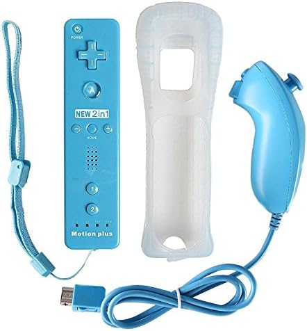 Wii Motion Remote,YUDEG Motion Plus Remote and Nunchuck Controller with Protective Silicon Case for Nintendo Wii Wii U (Blue)