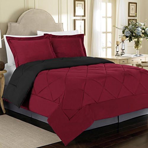 Cathay Home Ultra Plush Goose Down Alternative Reversible Comforter Set - Full/Queen, Burgundy/Black, 3-Piece Microfiber Bedding Set
