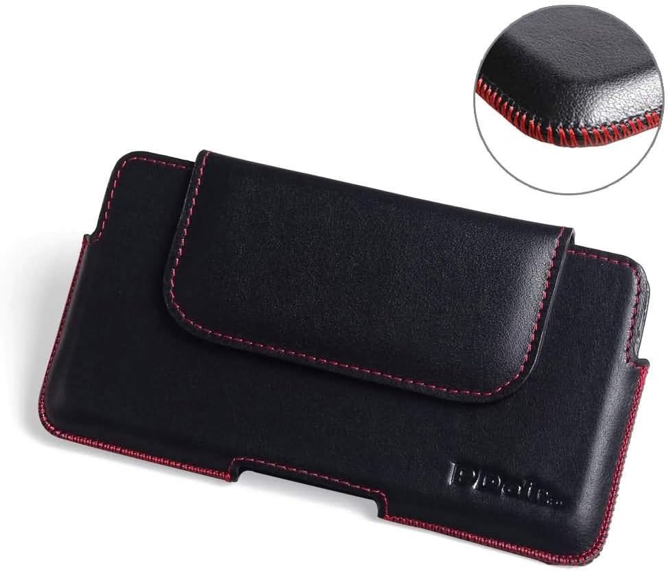 PDair Huawei P Smart (2019) Leather Belt Case (Red Stitch), Genuine Leather Case, Magnetic Protective Phone Cases Sleeve Pouch, Hand Made Holster Pouch for Huawei P Smart (2019)