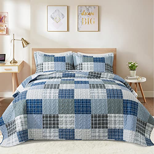 BEDIFANY King Size Quilt Set, Soft Plaid Bedspread King Size Lightweight King Quilt, Farmhouse Quilt Bedding Set for Bed Decorations for All Seasons, 3 Pieces (White & Blue)