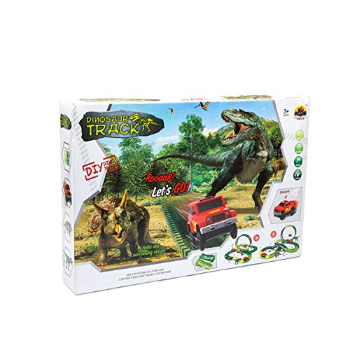 Dinosaur Race Track Toys Set -Single Loop Race Train Track Playset with a 3D Dinosaur Playmat,172 pcs Flexible Tracks and Dino Accessories.