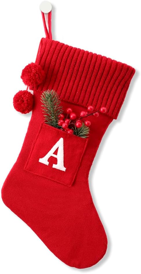 Stockings & Holders - CRSMHLPK 20 Inches Initial Christmas Stocking Monogram Christmas Stocking red Soft Knitted with White Embroidered Letter Christmas decorations-02-A-Red