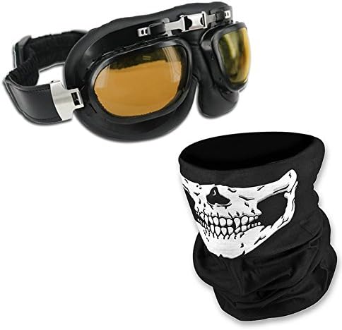 Skull Face Mask Black &amp; Vintage Motorcycle Goggles Smoke,Set For Cycling Multi-Purpose Seamless Tube Masks With Windproof Aviator Glasses
