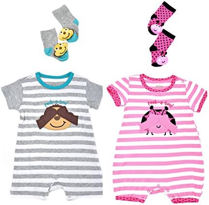 Boy Girl Twin Outfits, 4 Pack Baby Romper Rattle Socks Set, Cute Twins Clothing for Boy and Girl Clothes 12M