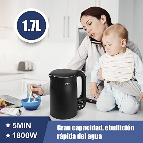 Chaleira de aço inoxidável 1.7L 304 com 11 temperaturas, proteção contra fervura seca de 1800w, dupla proteção contra escaldação, controlo de precisão LED 40°C-100°C
