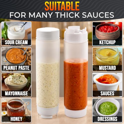 Set of 6 Inverted Condiment Squeeze Bottles 16 oz – Upgraded Design with Added Sealing Gaskets, Self-Closing Valve, Easy-to-Fill Clear Bottles for Sauces, Dressings, Ketchup, Mustard for Everyday Use