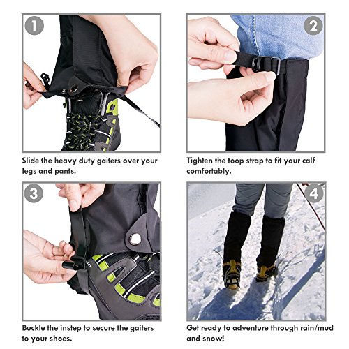 Qshare Leg Gaiters for Boots - Waterproof Hiking Climbing Hunting Snow High Leg Gaiters(Men and Women) (Black, Black-L) - Thumbnail 5