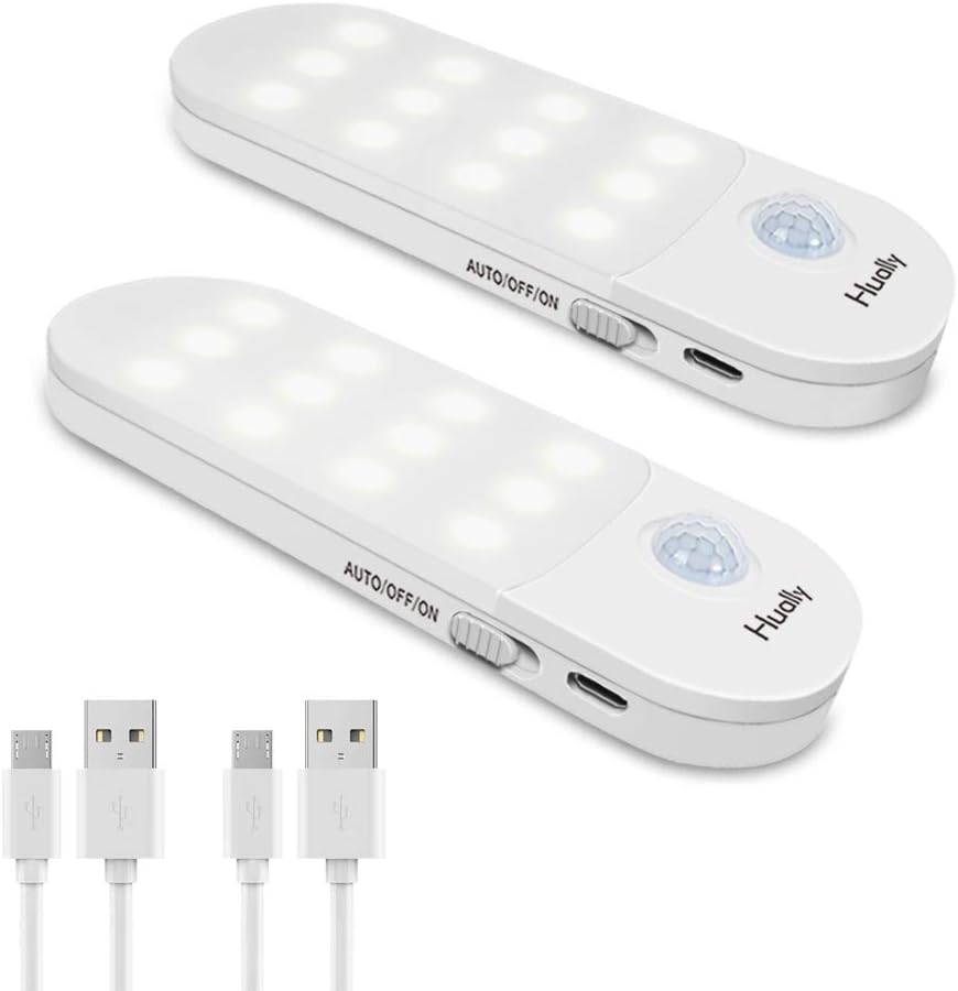 Hually Cupboard Light, (2 Pack) 24 LEDs Motion Sensor Lights USB Rechargeable Battery-Powered