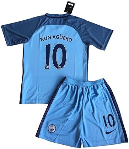 Manchester City 2016-2017 Aguero #10 Kids/Youths Home Soccer Jersey &amp; Shorts Set (7-8 years)