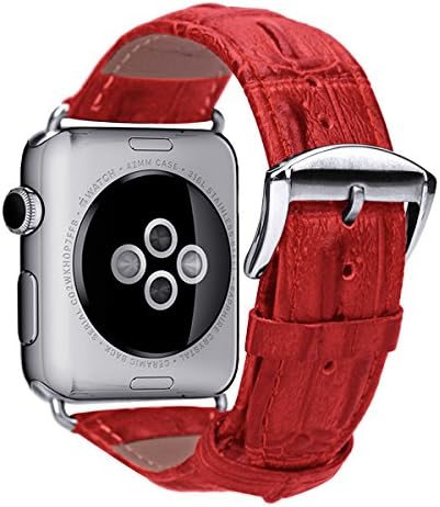 Apple Watch Band 4mm,Genuine Leather iwatch Strap Replacement Band with Stainless Metal Clasp for Apple Watch Series 3 Series 2 Series 1 Sport and Edition (Red, 42mm)