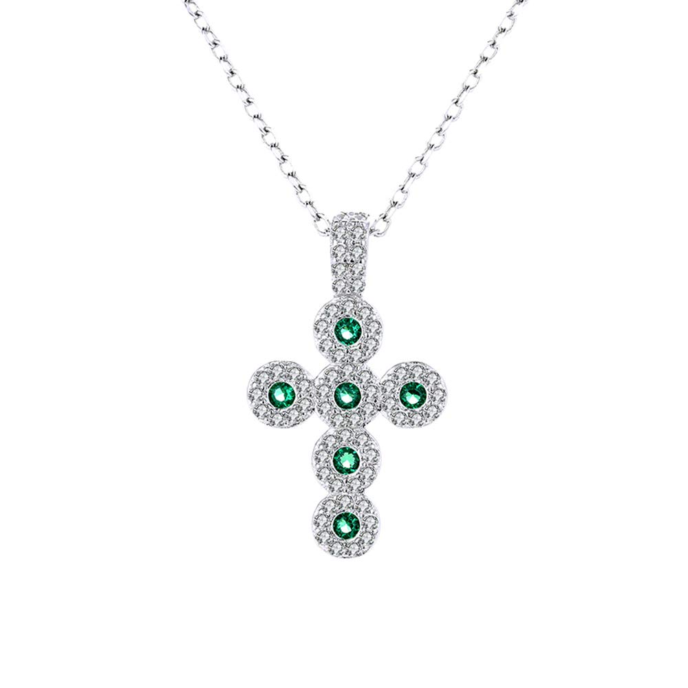 Belons Cross Necklace Girls Women 925 Sterling Silver Cross Pendant Necklace with Green Cubic Zirconia 18" Chain