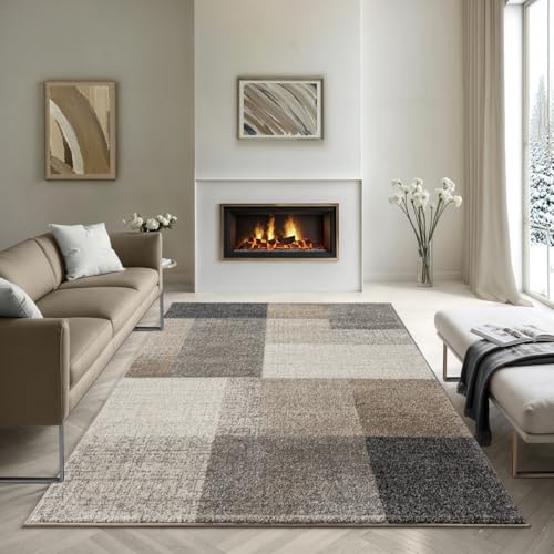 the carpet Pearl – Moderner Kurzflor Teppich, dichter Flor, geometrisches Muster, Konturenschnitt, Wohnzimmer & Schlafzimmer Teppich, Kariert, Beige,