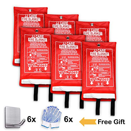 JJ CARE [Pack of 6 Fire Blanket Fire Suppression Blanket + Fire Protective Gloves + Hooks -Suitable for Camping, Grilling, Kitchen Safety, Car and Fireplace Retardant Blanket for Emergency