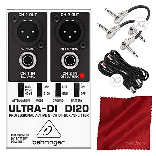 Behringer Ultra-DI DI20 Professional Active 2-Channel DI-Box/Splitter with Assorted Cables Bundle