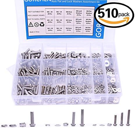 GORCHEN M4 M5 M6 Phillips Pan Head Bolts Screws Nuts Flat and Lock Washers Assortment Kit with Storage Case Box Stainless Steel 510pcs