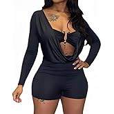 Elyndra Women’s Sexy Long Sleeve Romper,Bodycon One Piece Jumpsuit with Draped Deep V Neck,Going Out Club Outfit