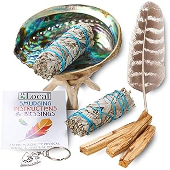 JL Local Smudge Kit - White Sage, Palo Santo, Abalone Shell, Smudging Feather, Kokopelli Keychain! Healing, Purifying, Meditating & Incense (Essentials Plus)