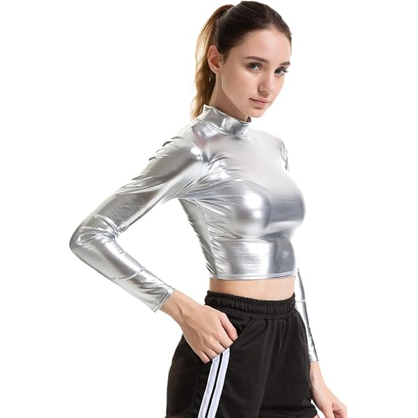 FENICAL PVC Leather Metallic Top Long Sleeve Turtleneck Crop