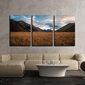 3 Piece Canvas Wall Art - Grassland Surrounded with Mountains - Modern Home Art Stretched and Framed Ready to Hang - 16"x24"x3 Panels