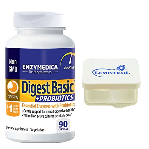 Enzymedica - Digest Basic + Probiotics, Essential Digestive Enzymes with Probiotics, 90 Capsules Bundle with Lumintrail Pill Case