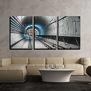 3 Piece Canvas Wall Art - Underground Tunnel with Blue Lights Angle Shot - Modern Home Art Stretched and Framed Ready to Hang - 16"x24"x3 Panels