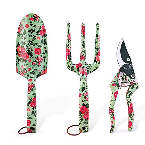 3 Piece Garden Hand Tool set, Gardening Kit Includes Trowel, Pruning Shear, Hand Fork for Garden Gifts (Garden Tool Set – Light Green)