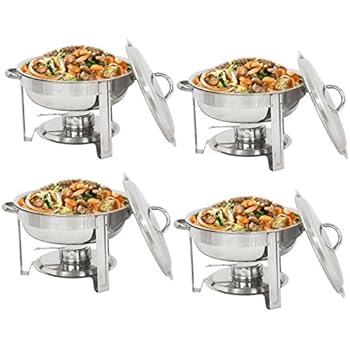 Super Deal Pack of 4 Full Size Round Chafing Dish 5 Quart Stainless Steel Dinner Serving Buffer Warmer Set Tray Buffet Catering