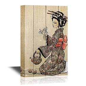 Japanese Culture Canvas Wall Art - Traditional Japanese Woman Dressed in Kimono with Teapot - Gallery Wrap Modern Home Art | Ready to Hang - 12x18 inches