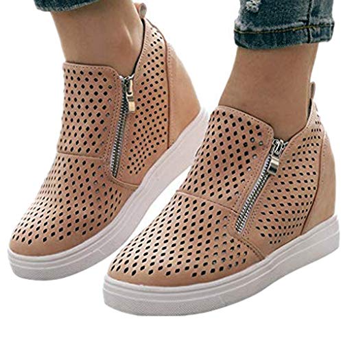 Womens Classic High Top Platform Flat Sports Shoes Casual Slip On Zipper Wedge Sneakers Pink - Thumbnail 5