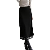 Women Satin Lace Trim Long Skirts Elastic Waist Asymmetric Hem Midi Skirts Lace Half Slip Maxi Skirts Streetwear