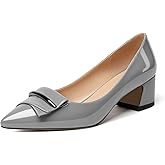 YODEKS Women's Chunky Heel Pumps Low Block Heel Pointed Toe Slip on Dress Pump Shoes for Work Casual Daily Life Party Dress Shoes US Size 7 Grey Patent