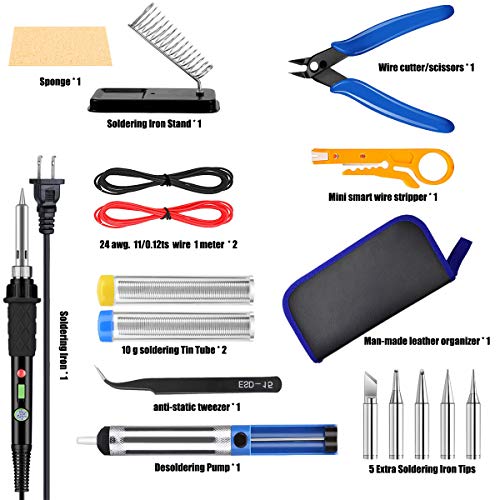 Craftsboys Soldering Iron Kit Electronics, 60W Adjustable Temperature Welding Tool, 5pcs Soldering Tips, Desoldering Pump, Soldering Iron Stand, Tweezers
