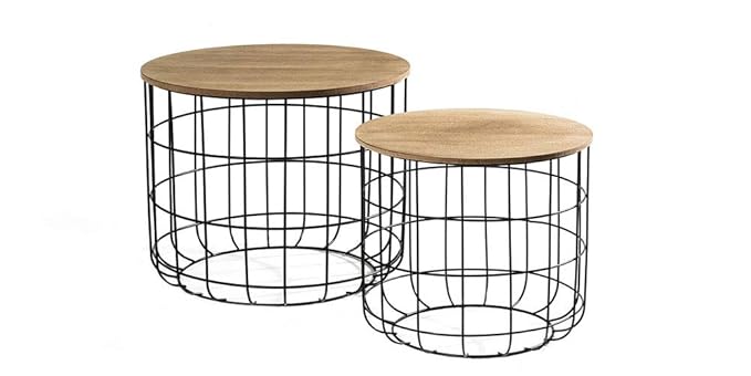 LIFA LIVING® 2er Set Beistelltisch aus schwarzem Metall und einer MDF-Holz Platte | Couchtisch mit Korbfunktion im Vintagesti