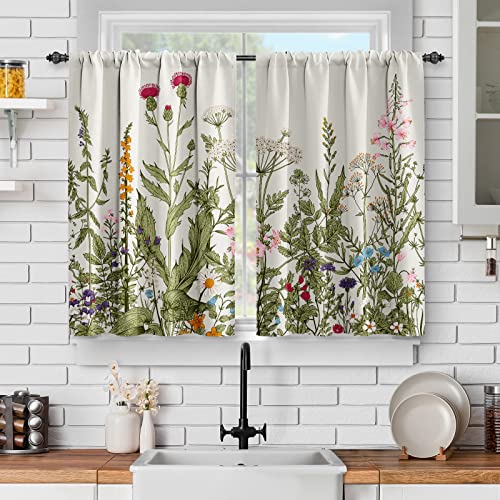 Jekeno Ensemble de Rideaux Courts pour fenêtres de Cuisine – Fleurs Sauvages et Printemps – Rideaux Courts rustiques à Motif Floral botanique Vintage Rustique et Feuilles Vertes – Décoration de