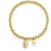 Glowave Catholic Gold Cross Bracelet for Women, Beaded Adjustable Faith Jewelry with Moonstone and Virgin Mary Medal, Religious Gifts for Women