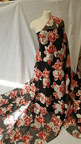 Luxurious Black Organza Fabric Jacquard Brocade red Flowers Floral France Fashion Gown Prom Drees quinceañera Fabric Sold by The Yard