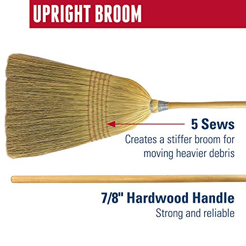 Weiler 95033 Heavy-Duty Corn Broom with Wooden Handle, 5 Sews, 100% Natural Corn Fill for Indoor or Outdoor Sweeping