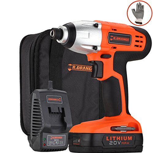 Click Here to See More Images Mr.Orange 1/4 Inch 20V Lithium-Ion Cordless Impact Driver Kit with Quick Charger and Battery Includes Durable Gloves 2 pcs socket driver bits and Soft Tool Bag