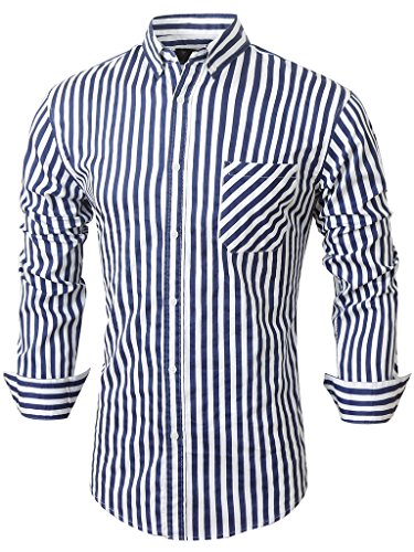 Emiqude Casual Slim Fit Long Sleeve Blue Striped Dress Shirts for Men Large Navy