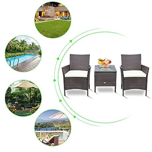 PAOLFOX Patio Conversation Furniture Sets 3pcs PE Rattan Wicker Chairs w/Table Outdoor Garden Sofa Washable Cushion & Tempered Glass Table top for Garden Poolside Balcony (Brown Sets + Beige Cushion)