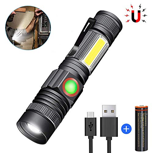 Magnetic LED Flashlight USB Rechargeable (18650 Battery Included) COB Side Light Waterproof Zoomable Super Bright Tactical Flashlight Torch 4 Lighting Modes for Outdoor Camping Hiking Cycling