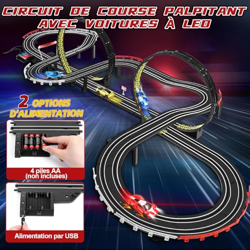 JONRRYIN Circuit Voiture Enfant, 1:64 Circuit Voiture Electrique, Extra-Long Piste De Course - 4 LED Voitures, USB, Télécommande, Comptoir, 360° Boucle, Jouets Cadeaux pour Enfant 6-12 Ans (737CM)