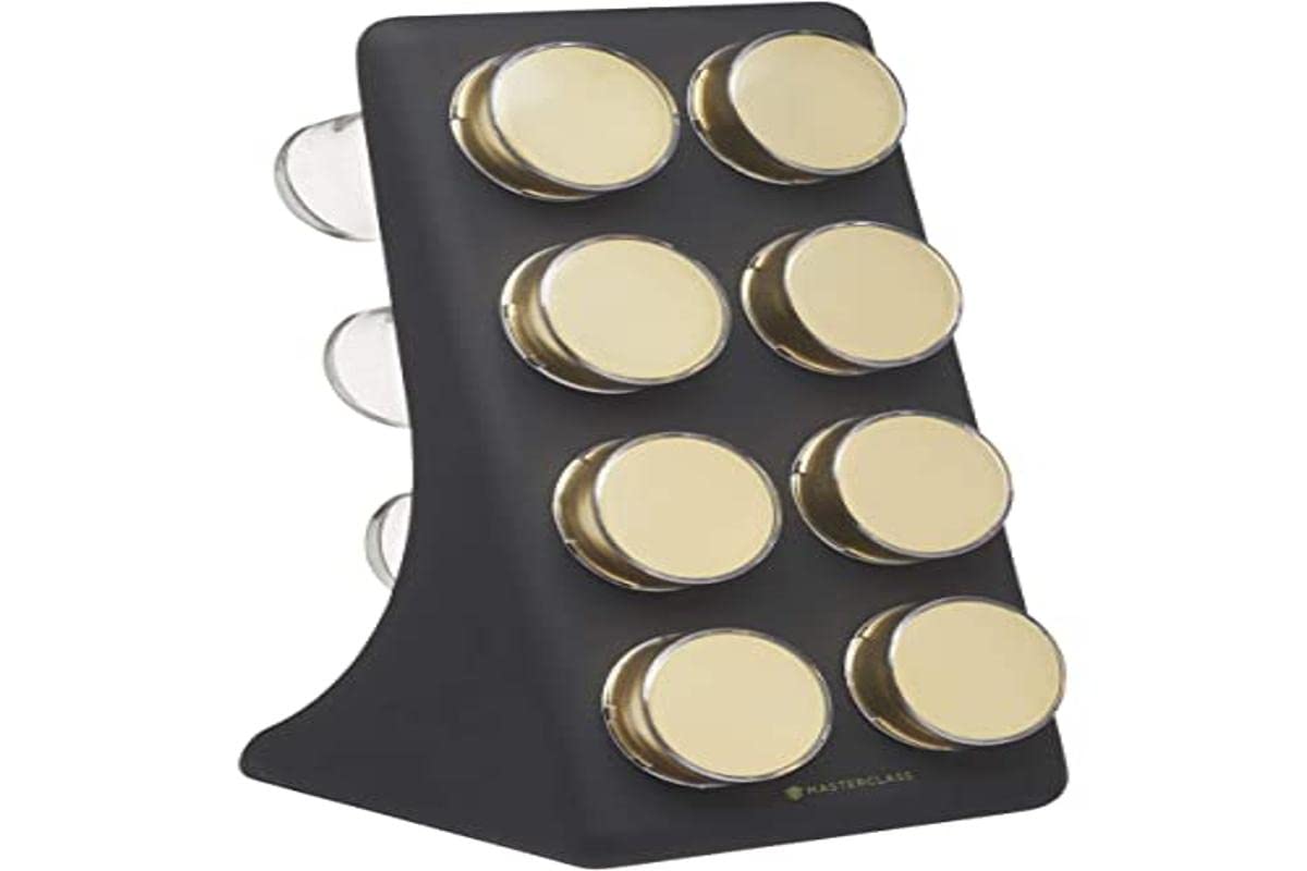 MasterClass Herb and Spice Rack Set with 8 Brass Finish Lidded Jars and Gift Box, Black / Brass-Effect, 9 Pieces