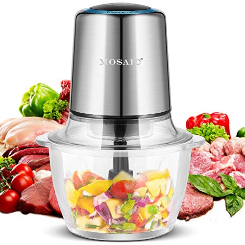 Electric Meat Grinder, MOSAIC 400W Food Processor for Vegetables Fruit Salad Onion Garlic with 4 Detachable Titanium Coating Blades and 5-Cup Food Grade Glass Bowl Food Chopper Silver