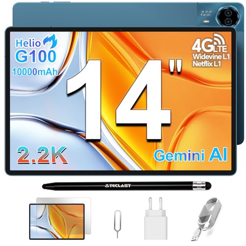 TECLAST T70 Tablet 14 Inch 2.2K Gaming Tablet, Helio G100 2.2GHz Octa-Core, 10000mAh/18W, Dual SIM 4G LTE, 20GB RAM+128GB+8TB TF, 2240x1400/Widevine L1/GPS/13MP/Gemini AI Android Tablet with Pen